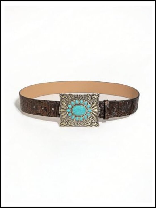 Western Leather Belt Turquoise Concho Buckle Boho Vintage Cowgirl Style